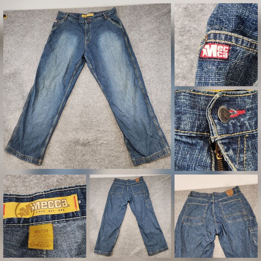 VTG Y2K Mecca‎ Mens 40x34 Baggy Faded Blue Denim Jeans 2000s Streetwear Wide Leg